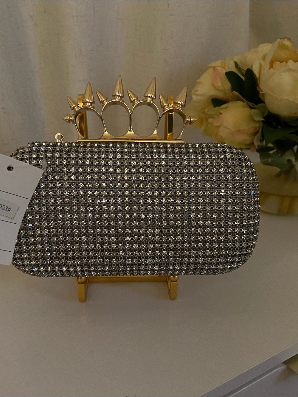Crystal Embellished Silver Evening Clutch with Gold Knuckle Handle